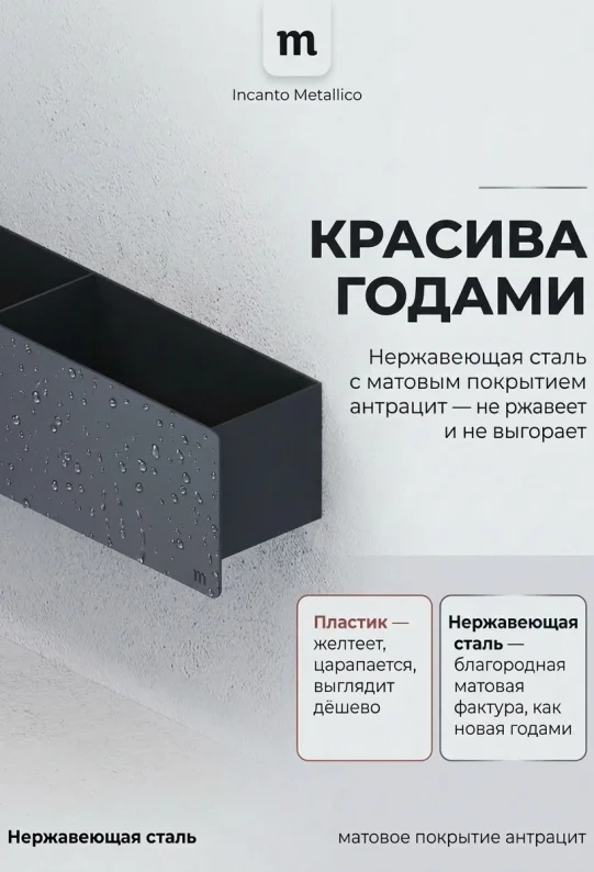 Полка для ванной настенная серая, нержавейка 50 x 10 x 10 см, для шампуней и косметики