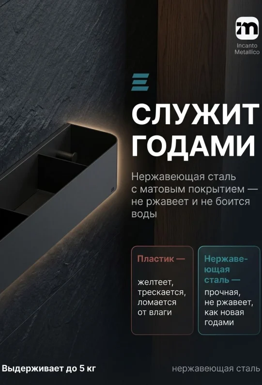 Полка для ванной настенная черная, нержавейка 70 х13 х10 см, для шампуней и косметики