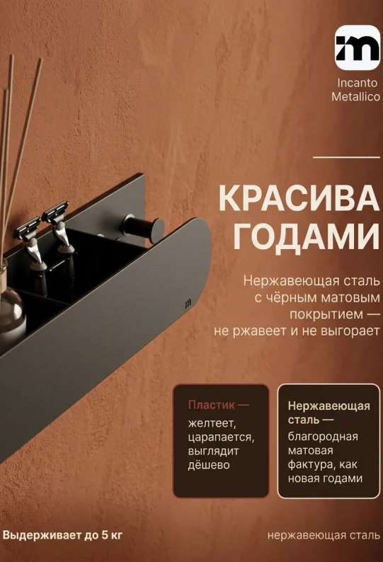 Полка для ванной настенная черная, нержавейка 70 х 13 х 10 см, для шампуней и косметики