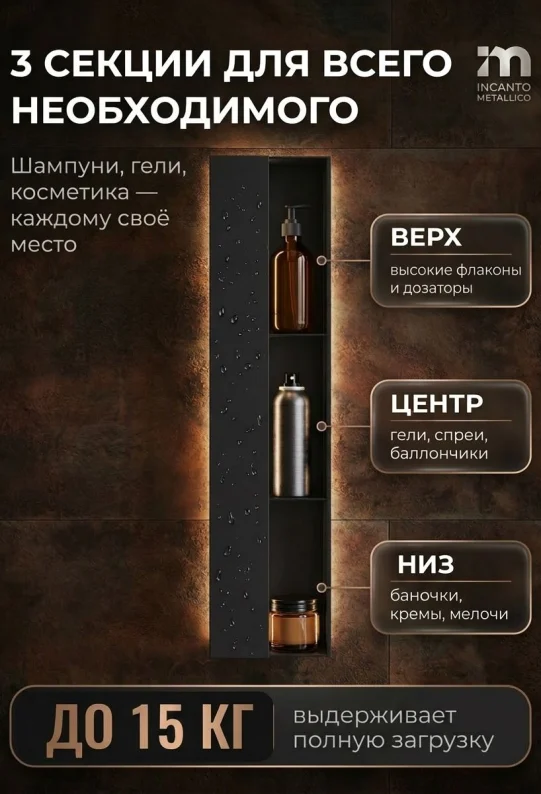 Полка для ванной настенная черная, нержавейка 77 х 17 х 11,5 см, для шампуней и косметики