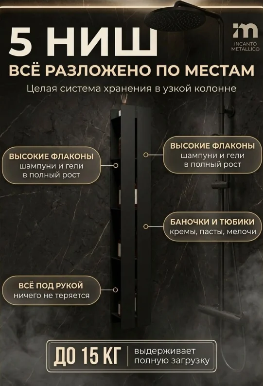 Полка для ванной настенная черная, нержавейка 100 х 15 х 10 см, для шампуней и косметики