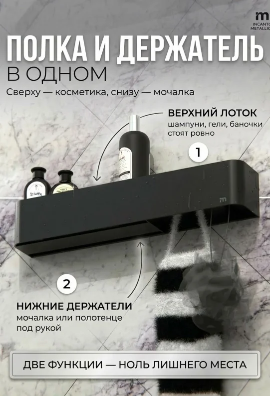 Полка для ванной настенная черная, нержавейка 50 х 9 х 9 см, для шампуней и косметики