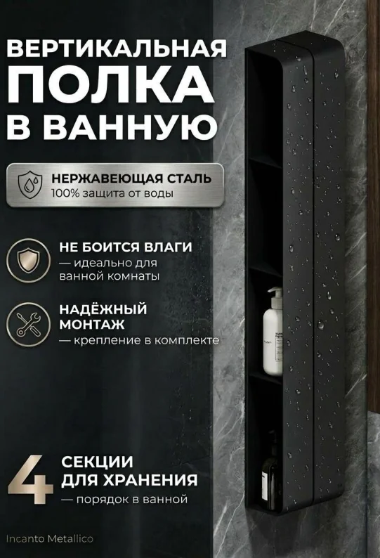 Полка для ванной настенная черная, нержавейка 97 х 17 х 11,5 см, для шампуней и косметики