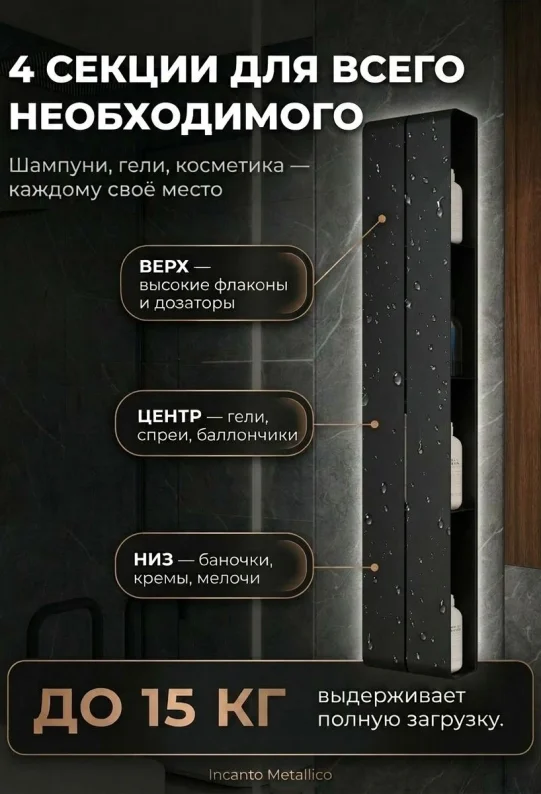 Полка для ванной настенная черная, нержавейка 97 х 17 х 11,5 см, для шампуней и косметики