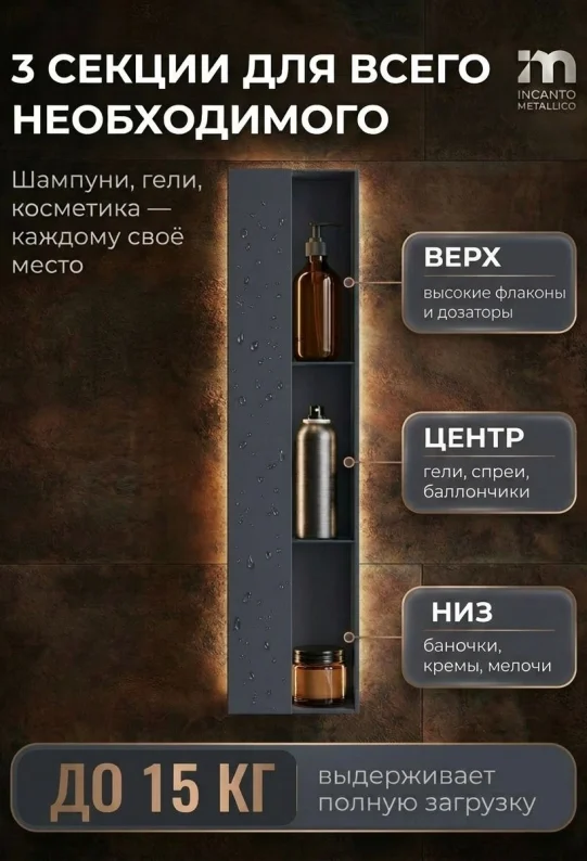 Полка для ванной настенная серая, нержавейка 77 х 17 х 11,5 см, для шампуней и косметики