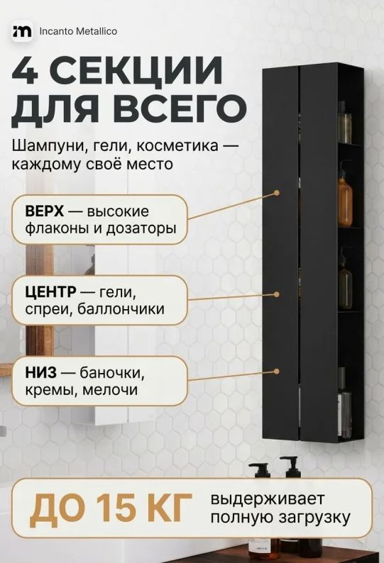 Полка для ванной настенная черная, нержавейка 97 x 17 x 11,5 см, для шампуней и косметики