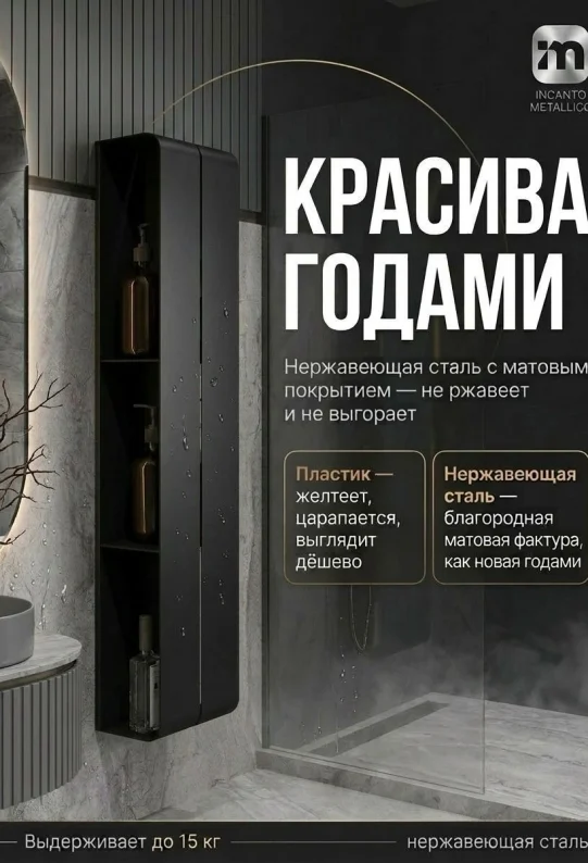 Полка для ванной настенная черная, нержавейка 77 х 17 х 11,5 см, для шампуней и косметики