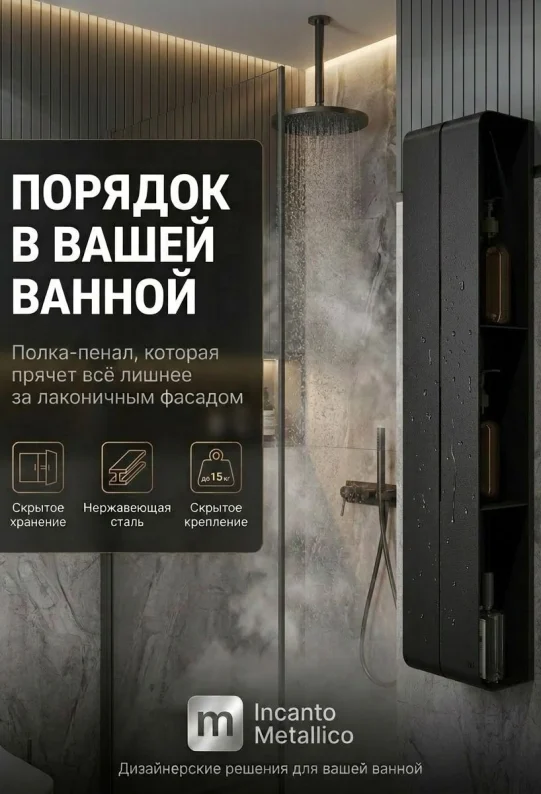 Полка для ванной настенная черная, нержавейка 77 х 17 х 11,5 см, для шампуней и косметики