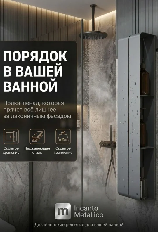 Полка для ванной настеннная серая, нержавейка 77 х 17 х 11,5 см, для шампуней и косметики