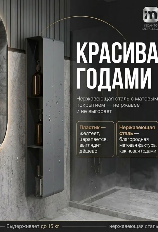 Полка для ванной настеннная серая, нержавейка 77 х 17 х 11,5 см, для шампуней и косметики