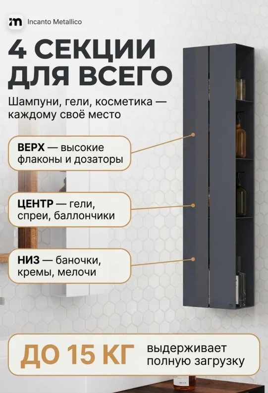Полка для ванной настенная серая, нержавейка 97 x 17 x 11,5 см, для шампуней и косметики