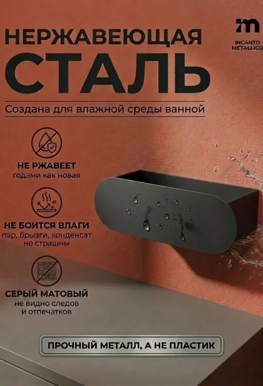 Полка для ванной настенная черная нержавейка 30 х 10 х 10 см, для шампуней и косметики