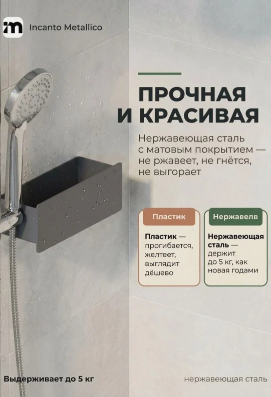 Полка для ванной настенная серая нержавейка 30 х 10 х 10 см, для шампуней и косметики