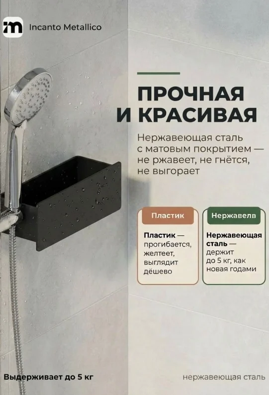 Полка для ванной настенная черная нержавейка 30 х 10 х 10 см, для шампуней и косметики
