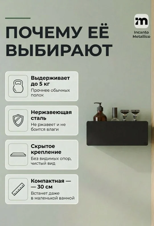 Полка для ванной настенная черная нержавейка 30 х 10 х 10 см, для шампуней и косметики