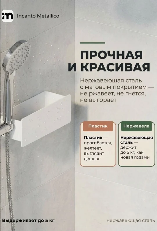 Полка для ванной настенная белая нержавейка 30 х 10 х 10 см, для шампуней и косметики