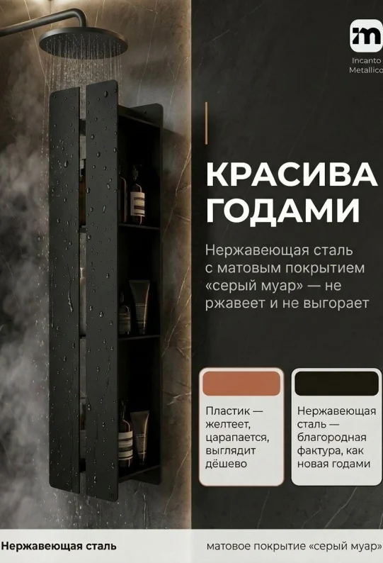 Полка для ванной настенная черная нержавейка 75x15x10 см, для шампуней и косметики с держателем для полотенец