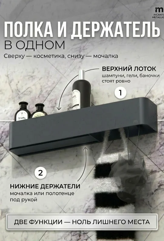 Полка для ванной настенная серая, нержавейка 50 х 9 х 9 см, для шампуней и косметики